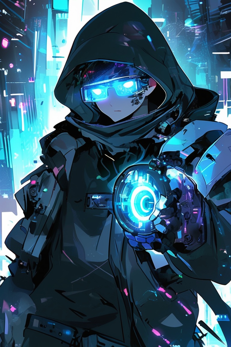 A futuristic hacker with a cybernetic eye and holographic interface,  surrounded by digital streams of data,  anime style...