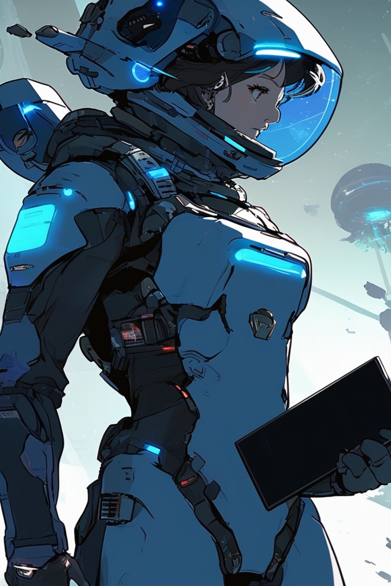 A female space explorer in a sleek spacesuit with advanced life-support systems,  holding a futuristic tablet,  anime styl...