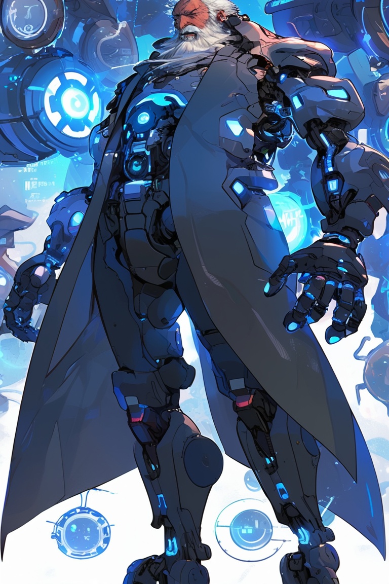 An elderly scientist with robotic limbs and cybernetic enhancements,  wearing a lab coat filled with futuristic gadgets,...
