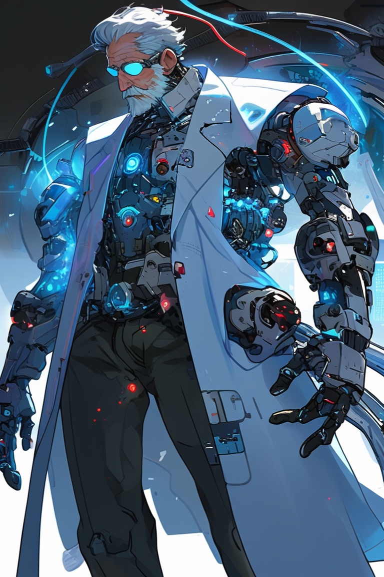 An elderly scientist with robotic limbs and cybernetic enhancements,  wearing a lab coat filled with futuristic gadgets,...