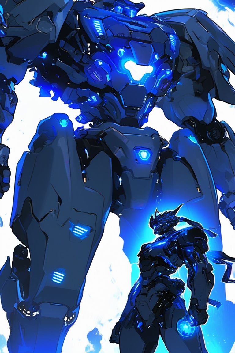 A futuristic mech pilot in a heavily armored suit with glowing blue lights,  standing next to a giant robot,  anime style...