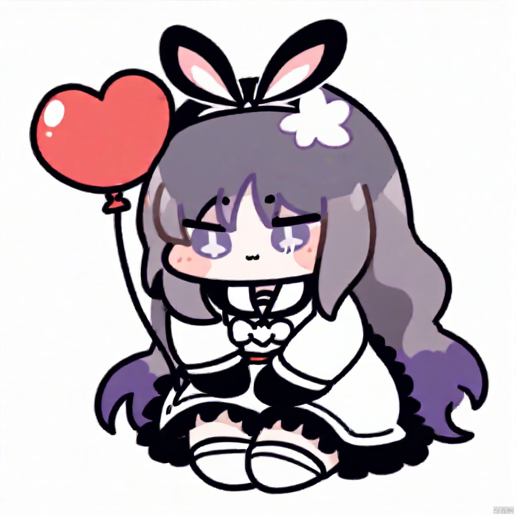 1girl, solo, long hair, looking at viewer, bangs, hair ornament, long sleeves, holding, animal ears, sitting, purple hair, grey hair, heart, multicolored hair, socks, hairclip, rabbit ears, streaked hair, sleeves past wrists, maid headdress, white footwear, knees up, rabbit, balloon, intravenous drip,(masterpiece), (best quality), illustration, ultra detailed, hdr, Depth of field, (colorful),loli,[Artist:wlop],[[Artist:sheya]],Artist:ask \\(askzy\\),