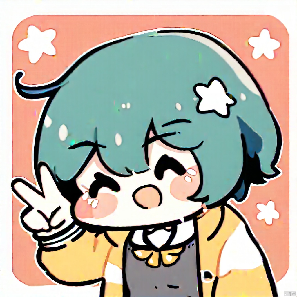 biaoqingbao,1girl, chibi

star (symbol), short hair, signature, blurry, w, orange background, smile, :d, twitter username, yellow cardigan, shirt, cardigan, grey shirt, fang, jacket, dress shirt, multicolored hair, solo, starry sky print, gradient border, hand up, swept bangs, outside border, collared shirt, zipper pull tab, zipper, artist name, dot nose, green border, alternate eye color, sky, eyelashes, half-closed eyes, blush, pink jacket, brown eyes, open jacket, yellow eyes, starry background, looking at viewer, border, two-tone hair, hairband, yellow hairband, shade, open cardigan, open clothes, cropped torso, blunt ends, arm at side,

masterpiece, newest, absurdres, safe