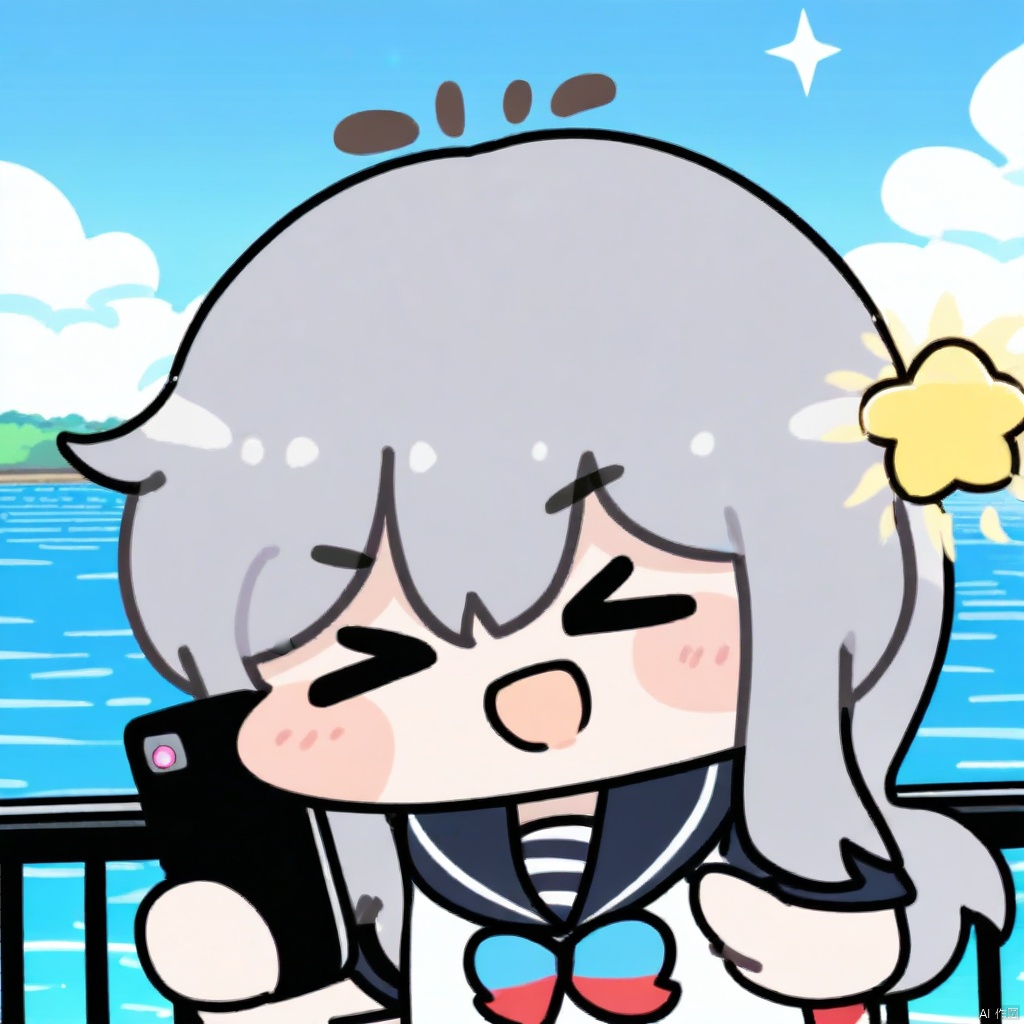 biaoqingbao,1girl, chibi

upper body, scenery, water, lens flare, smartphone, smile, horizon, :d, taking picture, selfie, viewfinder, head out of frame, long hair, fang, solo, grey hair, phone, holding, hand up, blue sky, close-up, virtual youtuber, cloud, blunt bangs, sky, sunset, holding phone, open mouth, blush, sunlight, ocean, facing viewer, railing, chromatic aberration, cellphone, outdoors, evening, recording,
