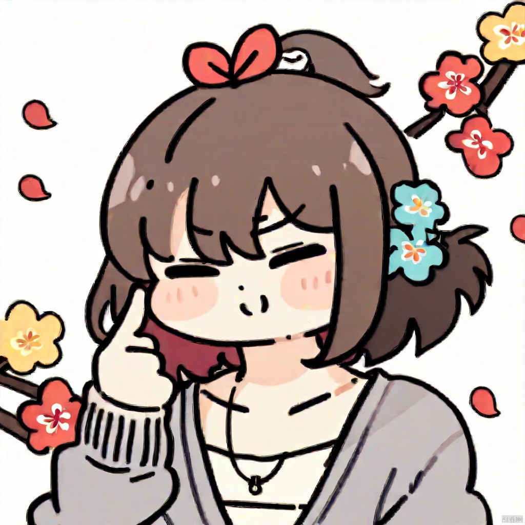 biaoqingbao,1girl, 

ponytail, falling petals, wind, long sleeves, brown hair, pearl necklace, necklace, shirt, grey sweater, simple background, portrait, collarbone, solo, multicolored hair, hand up, swept bangs, petals, medium hair, looking to the side, from above, yellow flower, cherry blossoms, red flower, sweater, white flower, light brown hair, blue flower, flower, open mouth, brown eyes, floating hair, shaded face, jewelry, two-tone hair, light smile, floral background, shade, flower over eye, white background, white shirt,

masterpiece, newest, absurdres, safe
