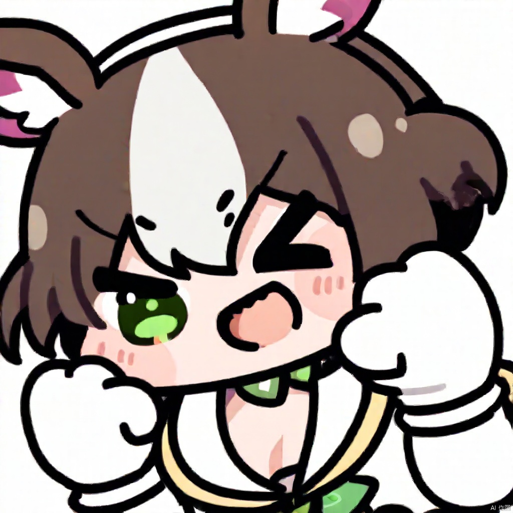 biaoqingbao, 1girl, 

bare shoulders, upper body, short hair, streaked hair, green eyes, arm up, brown hair, double bun, smile, :d, ^_^, solo, clenched hands, grin, multicolored hair, hand up, sparkle, gloves, white gloves, teeth, medium breasts, closed eyes, white hair, open mouth, blush, shaded face, animal ears, sleeveless, horse girl, looking at viewer, two-tone hair, breasts, white dress, hair bun, v-shaped eyebrows, dress, horse ears, artist logo,

masterpiece, newest, absurdres, safe