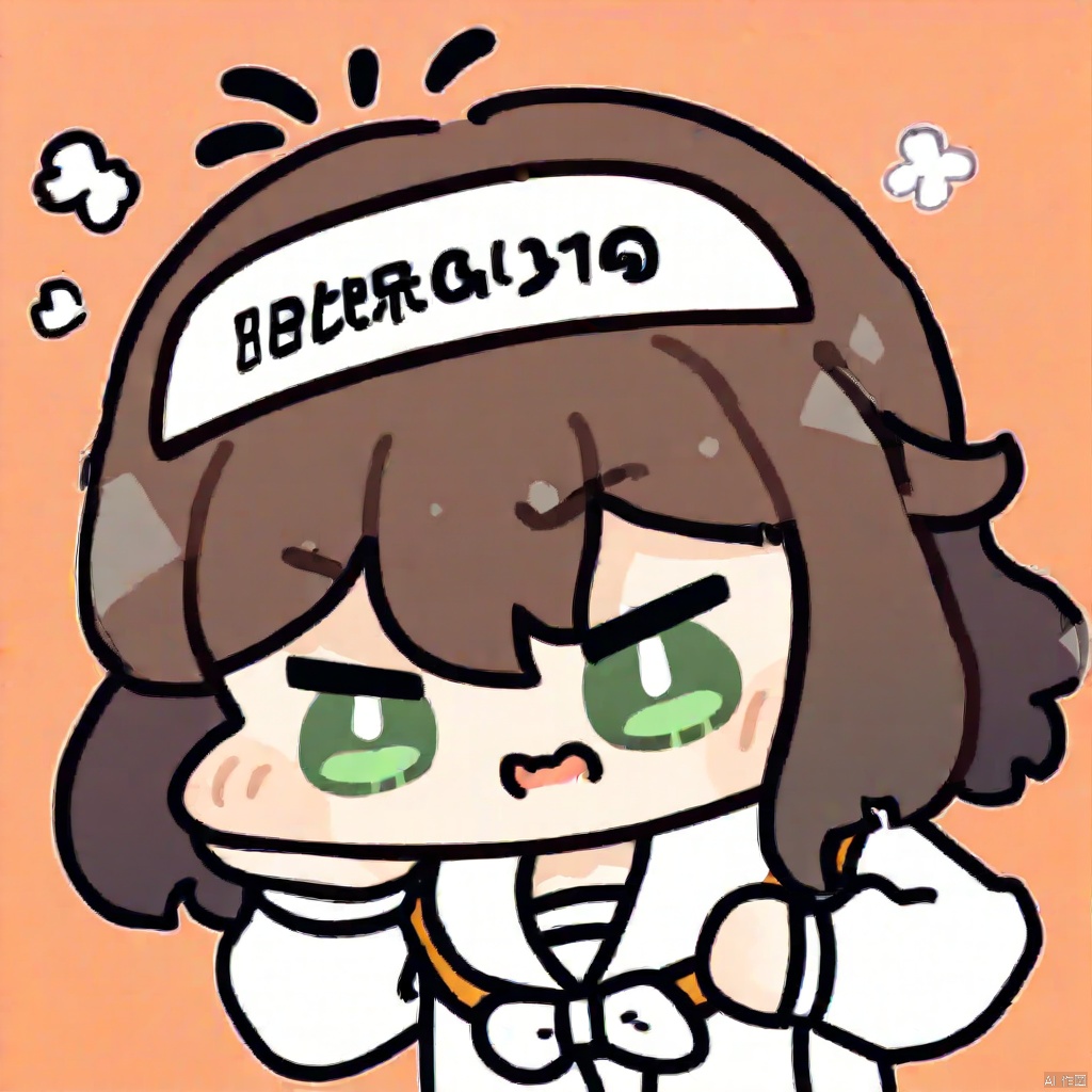 biaoqingbao,1girl, chibi

upper body, neckerchief, uniform, green eyes, flying sweatdrops, long sleeves, brown hair, orange background, wavy hair, hair between eyes, hand on own arm, white hairband, shirt, two-tone background, employee uniform, simple background, alternate hair length, collarbone, solo, wavy mouth, light blush, medium hair, tearing up, alternate hairstyle, ahoge, open mouth, bags under eyes, arm under breasts, brown neckerchief, sailor collar, looking at viewer, hairband, polka dot, white background, blue sailor collar, alternate hair color, yellow shirt, white towel,