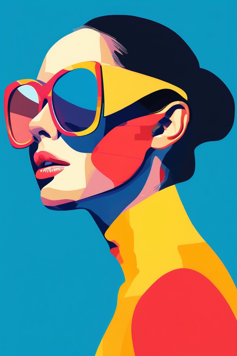 A flat design illustration of a woman wearing sunglasses,  with vibrant and contrasting colors. The style is clean and mod...