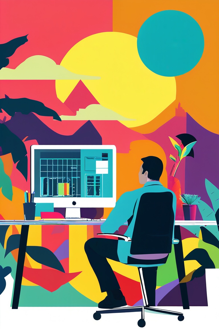 A flat design illustration of a person working at a desk,  with a colorful outdoor scene in the background. The style is c...