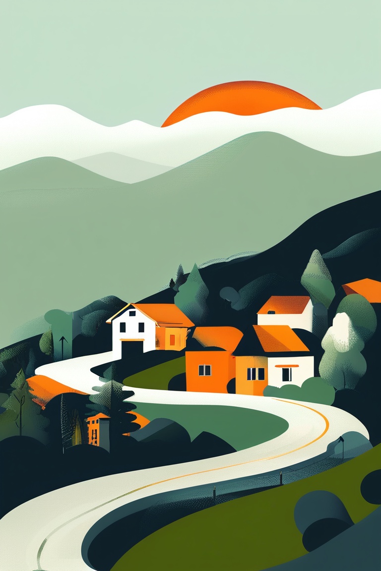 A flat design illustration of a countryside village with houses,  trees,  and a winding road leading to a mountain in the...