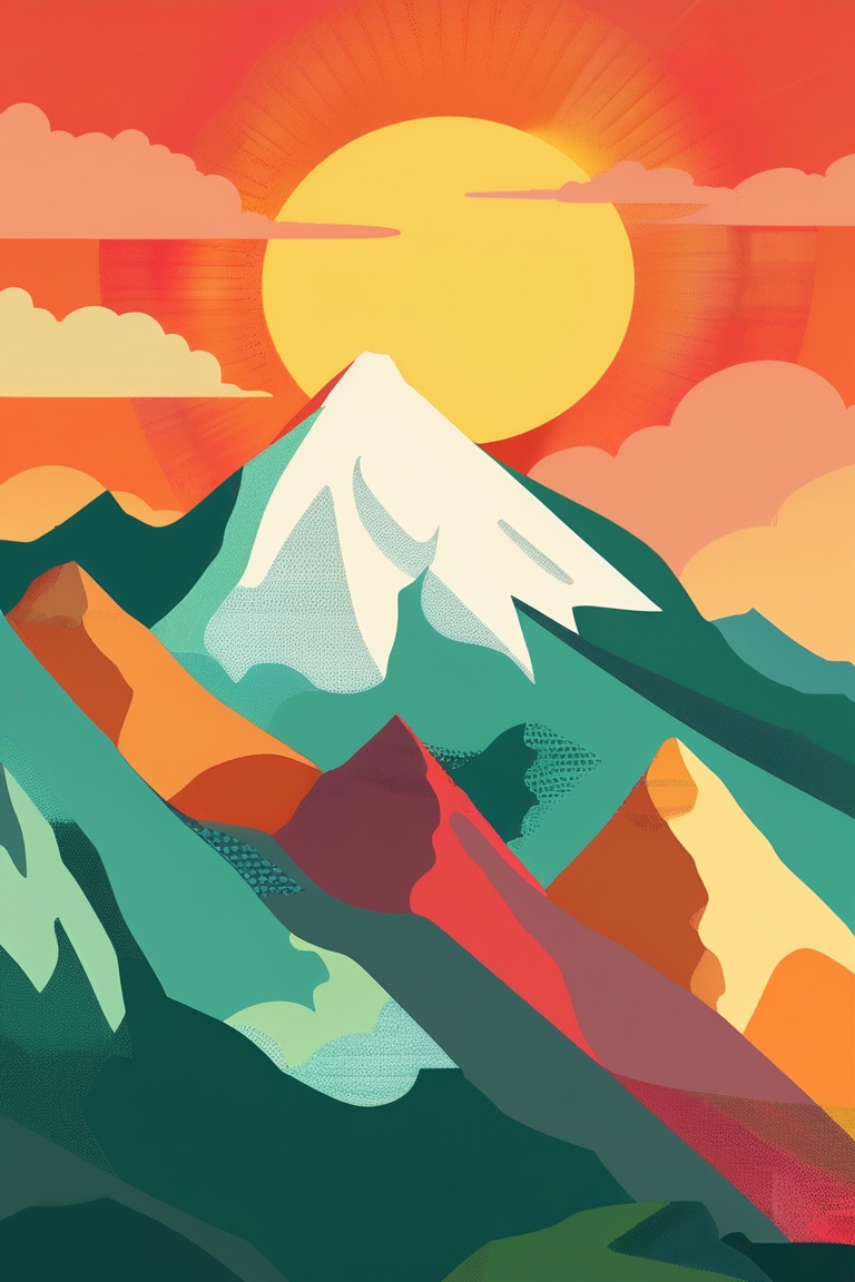 A flat design illustration of a mountainous landscape with the sun and clouds. The scene features geometric mountains in v...