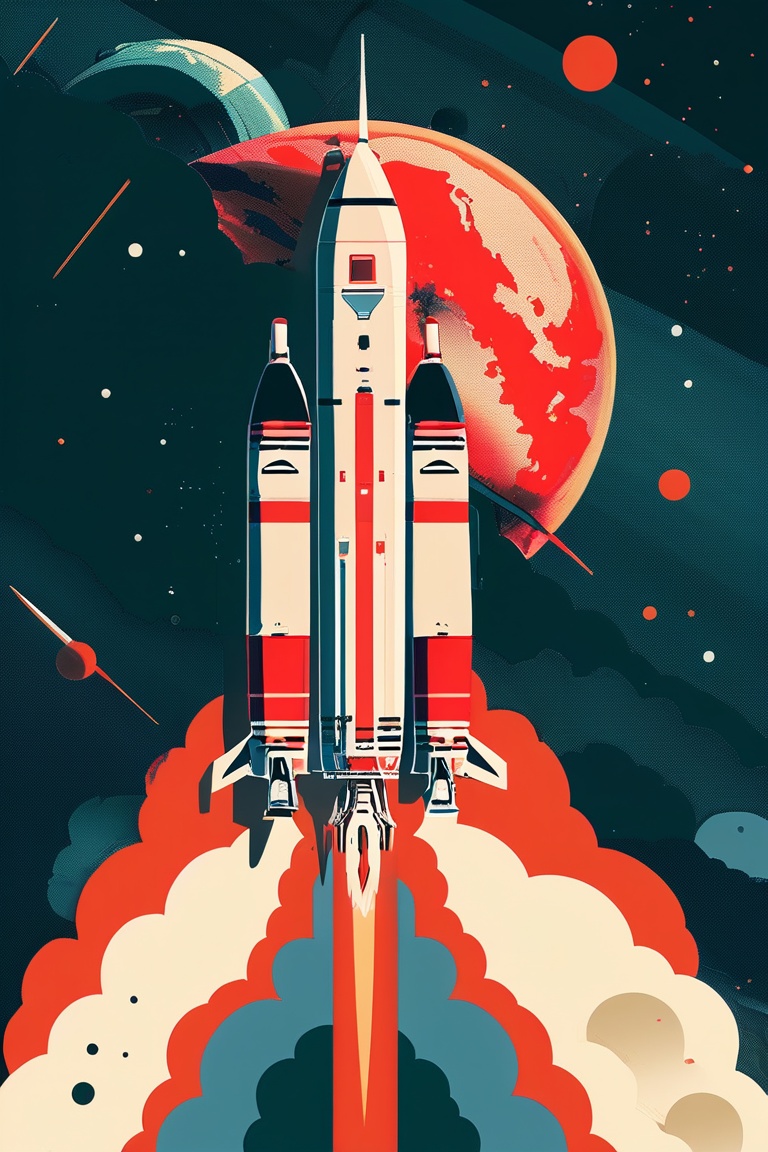 A flat design illustration of a rocket launching into space,  with a planet in the background. The style is clean and mode...