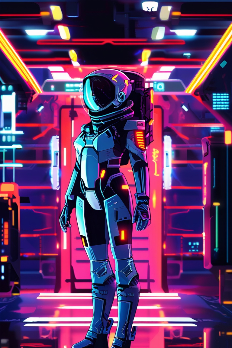 A young female pilot in a sleek,  futuristic spacesuit with neon accents,  standing in a high-tech hangar on Tensor.Art