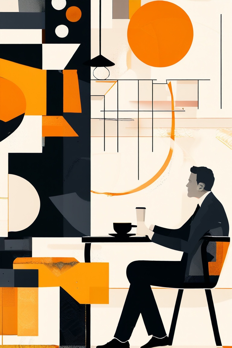 A flat design illustration of a person sitting at a café table,  enjoying a cup of coffee. The person is dressed in a suit...