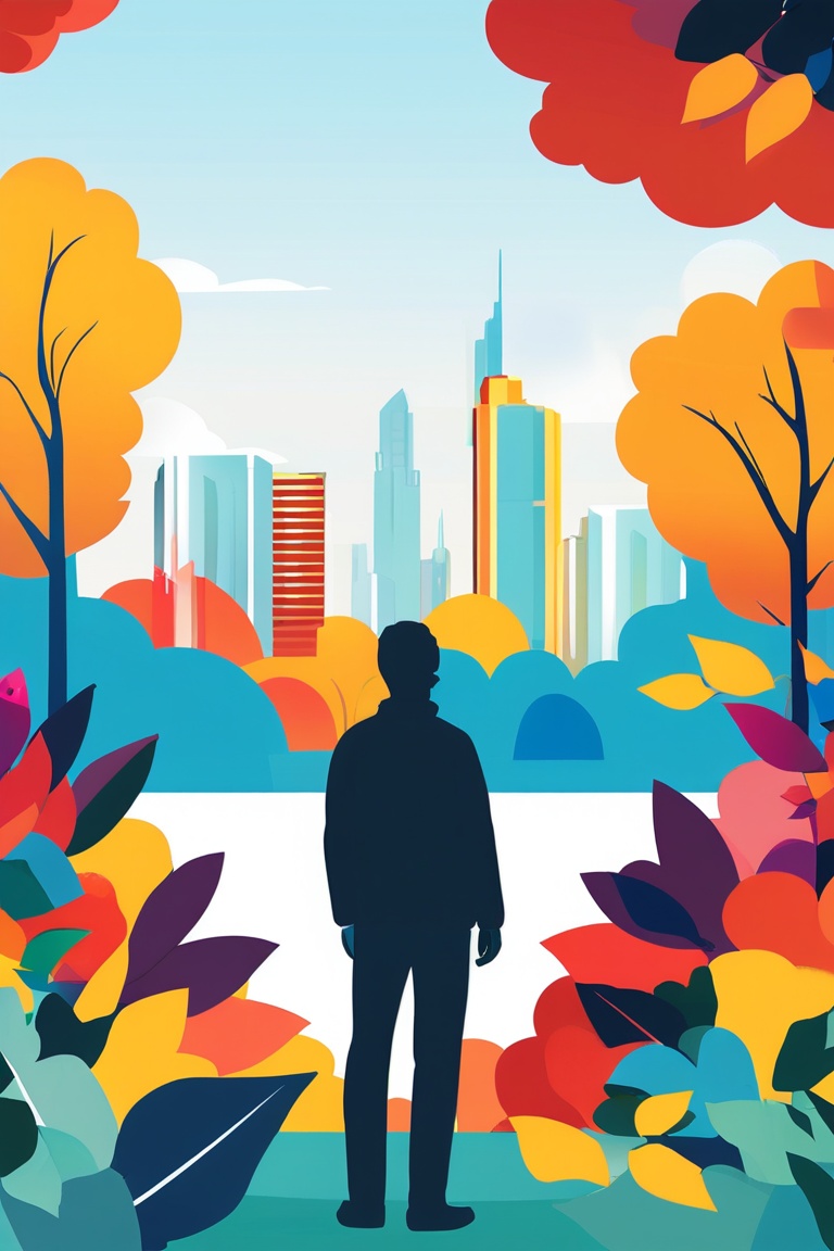 A flat design illustration of a person standing in a park looking at the city skyline,  with vibrant colored leaves around...