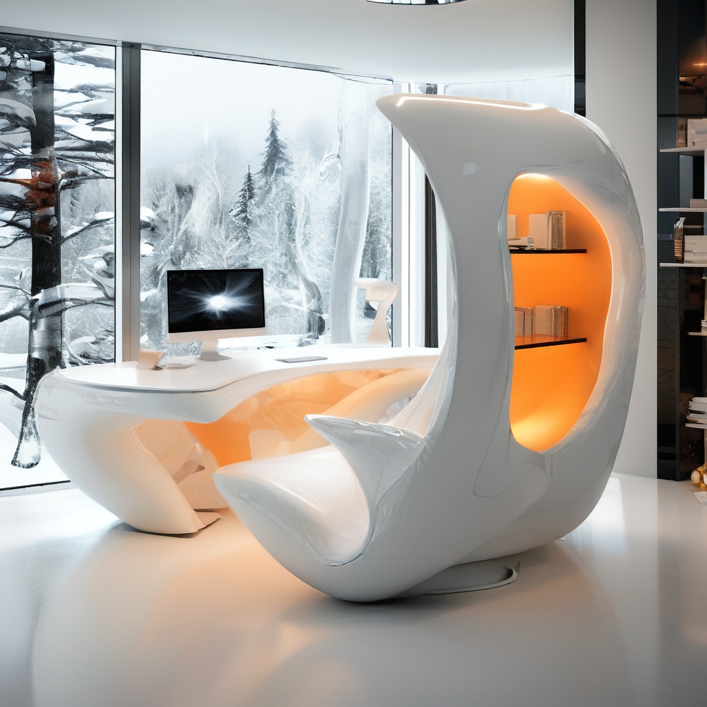 A futuristic,  minimalist office space featuring a sleek,  modern white desk with an organic on Tensor.Art