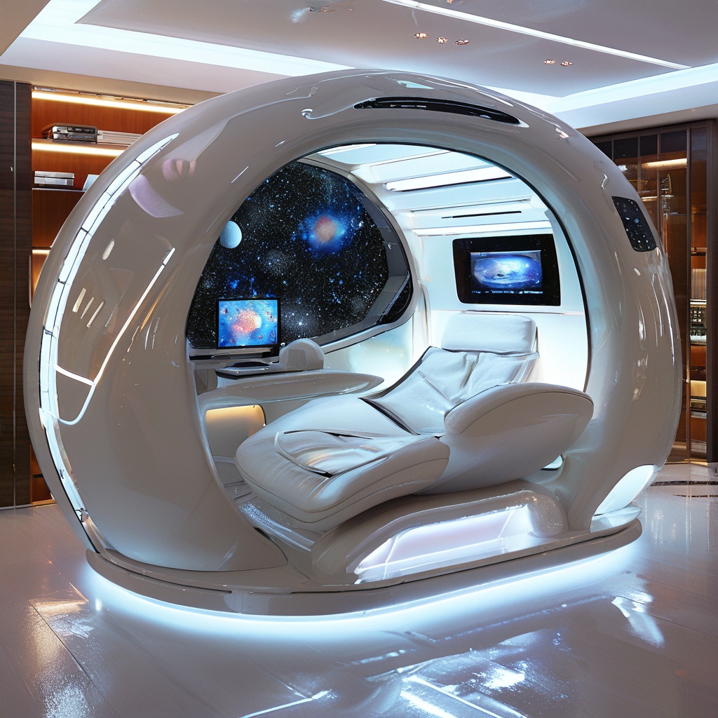A luxurious,  futuristic relaxation pod with an intricate design and cozy,  modern interior. The pod is white with a gloss...