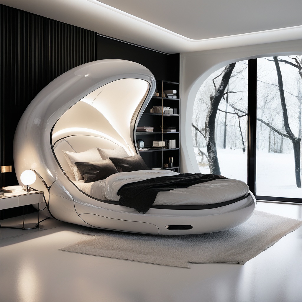 A futuristic,  minimalist bedroom featuring a sleek,  egg-shaped white pod bed with soft white bedding. The bed has a glos...