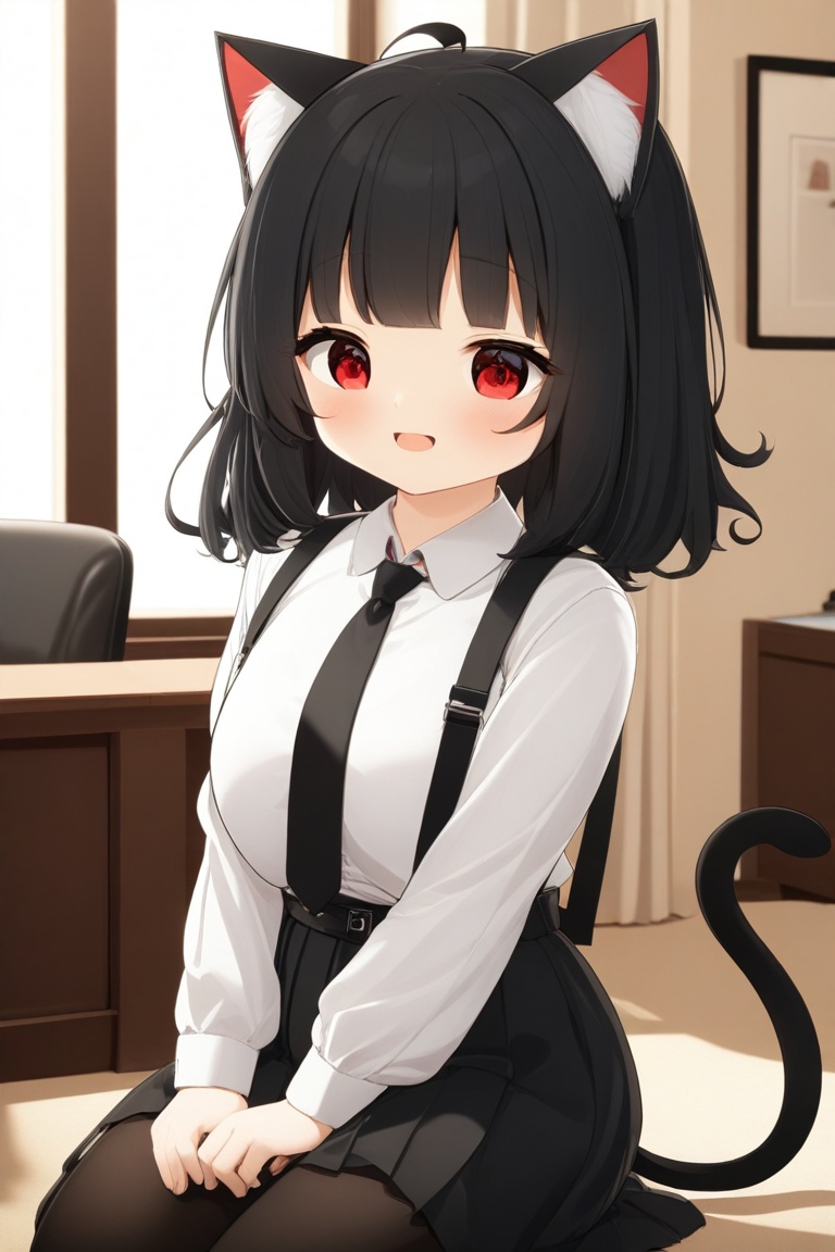 masterpiece, best quality, 1girl, solo, looking at viewer, blush, bangs, black hair, long sleeves, cat ears, cat tails, sitting, red eyes, white shirt, pleated skirt, breasts, collared shirt, indoors, black skirt, medium hair, black pantyhose, dress shirt, black tie, suspenders, suspender skirt, office, dynamic angle, cowboy shot, soft smile, two-tone hair, streaked hair