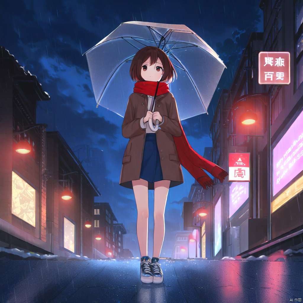 二次元风格,动漫风格,美丽的光影效果,masterpiece, best quality, umbrella, scarf, holding umbrella, rain, skirt, outdoors, holding, red scarf, brown hair, 1girl, bag, sky, blue skirt, night, shoes, sneakers, pleated skirt, transparent, socks, coat, short hair, shirt, looking at viewer, brown eyes, transparent umbrella, city, standing, walking, building, open clothes, 1boy, cloud, long sleeves, white shirt, cloudy sky, parted lips, solo focus, jacket, miniskirt, shoulder bag, sign, lamppost, full body, open coat, road sign, puddle