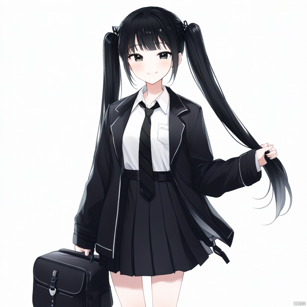 二次元风格,动漫风格,美丽的光影效果,masterpiece, best quality, 1girl, solo, skirt, black hair, necktie, twintails, jacket, shirt, white shirt, smile, long hair, black jacket, black skirt, pleated skirt, white background, bag, black necktie, simple background, looking at viewer, collared shirt, thigh strap, black eyes, long sleeves, open clothes, open jacket, signature, off shoulder, shirt tucked in, blunt bangs, breasts, cropped legs, holding hair