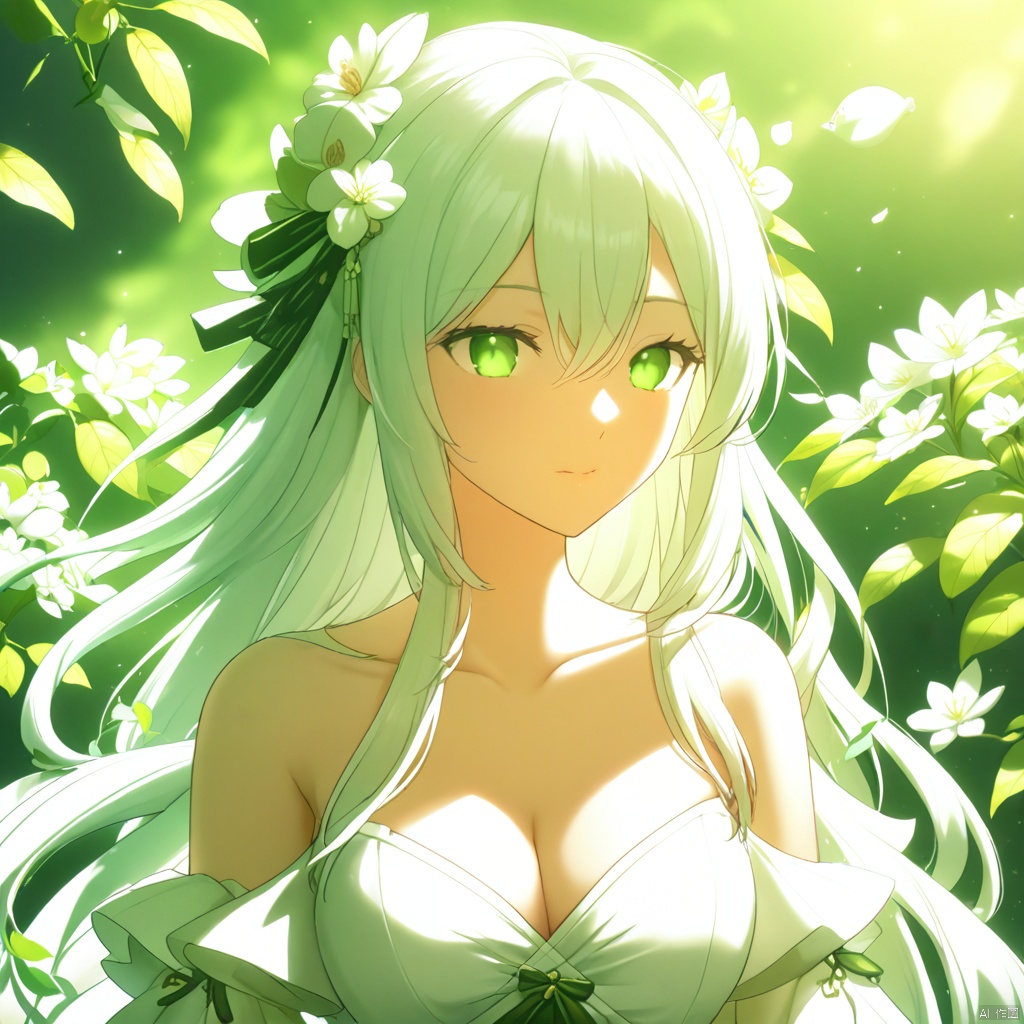 二次元风格,动漫风格,美丽的光影效果,masterpiece, best quality, 1girl, breasts, solo, cleavage, long hair, green eyes, hair ornament, white hair, hair flower, dress, parted lips, flower, upper body, bare shoulders, white dress, detached sleeves, collarbone, large breasts, leaf, ribbon, green ribbon, green bow, green theme, bow, long sleeves, plant, medium breasts, white sleeves, sleeveless, sidelocks, sleeveless dress, very long hair