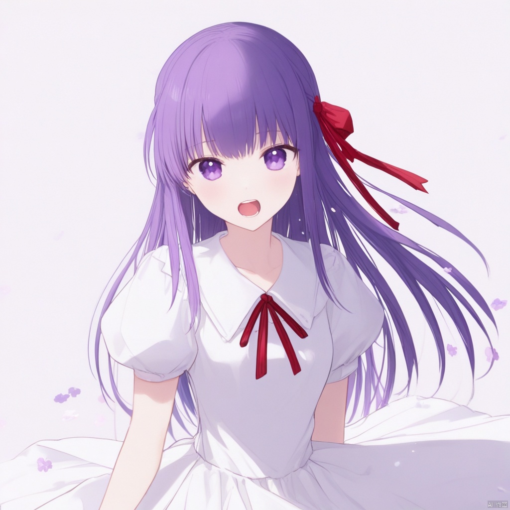 二次元风格,动漫风格,美丽的光影效果,masterpiece, best quality, 1girl, solo, dress, long hair, official alternate costume, ribbon, purple hair, matou sakura, purple eyes, hair ribbon, white dress, open mouth, short sleeves, looking at viewer, red ribbon, puffy short sleeves, hair between eyes, puffy sleeves, breasts, petals, collared dress, collarbone