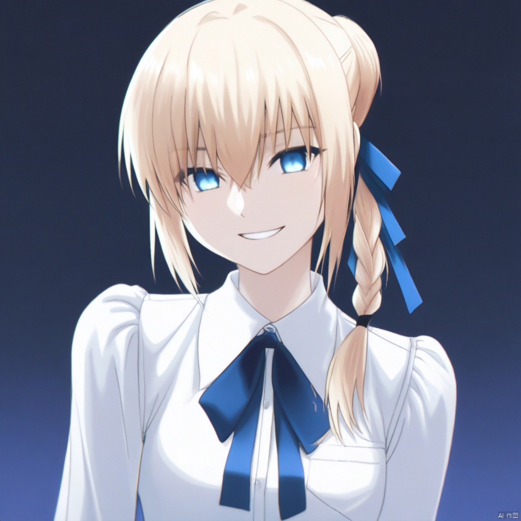 二次元风格,动漫风格,美丽的光影效果,masterpiece, best quality, 1girl, solo, artoria pendragon \(fate\), ribbon, blue ribbon, blonde hair, braid, smile, shirt, looking at viewer, saber \(fate\), long sleeves, white shirt, ahoge, upper body, blue eyes, hair ribbon, head tilt, hair bun, neck ribbon, sidelocks, french braid, single hair bun, grin, simple background, short hair, own hands together, braided bun, collared shirt, black ribbon