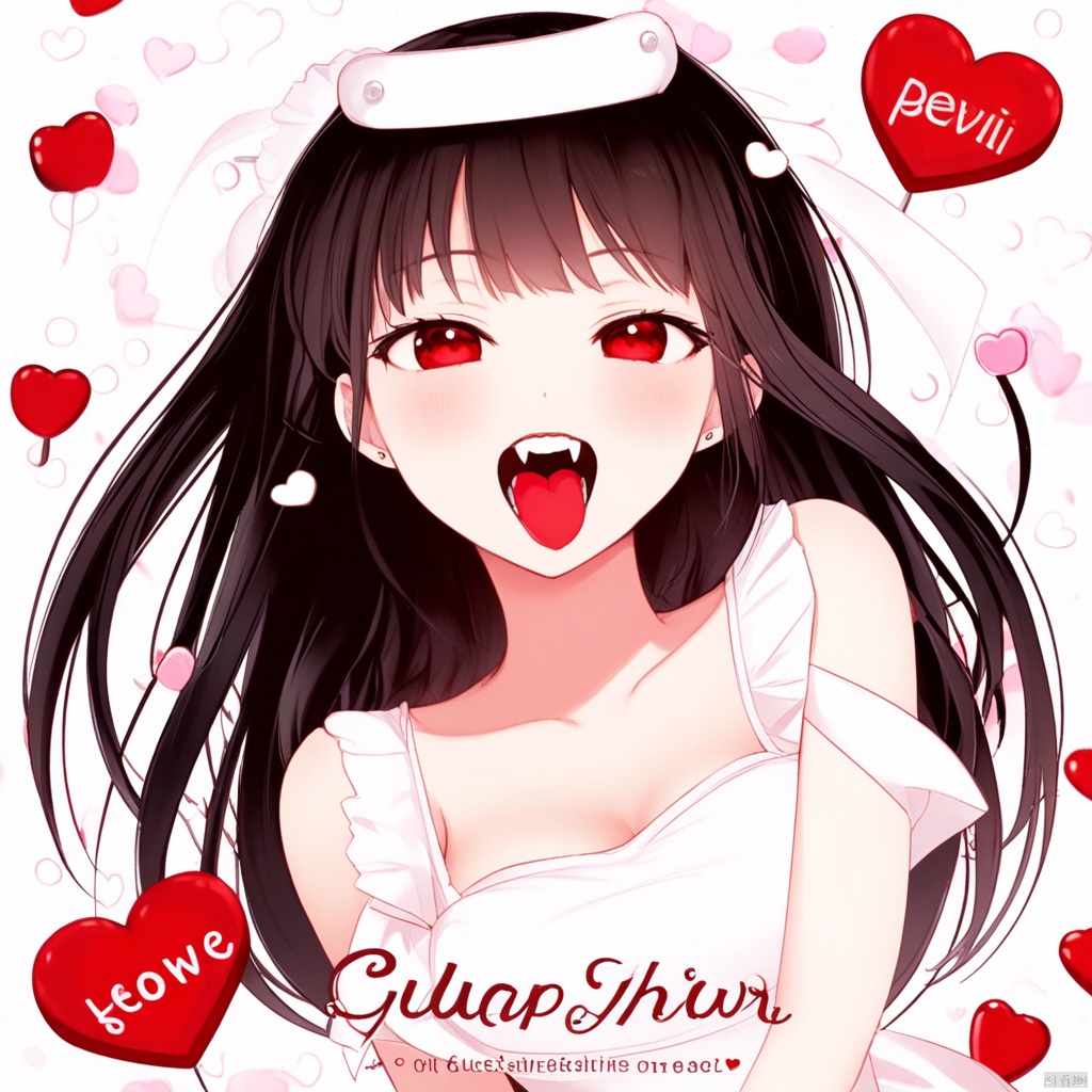 二次元风格,动漫风格,美丽的光影效果,masterpiece, best quality, 1girl, solo, long hair, breasts, looking at viewer, black hair, heart, white dress, open mouth, collarbone, dress, red eyes, fangs, tongue, upper body, teeth, english text, candy