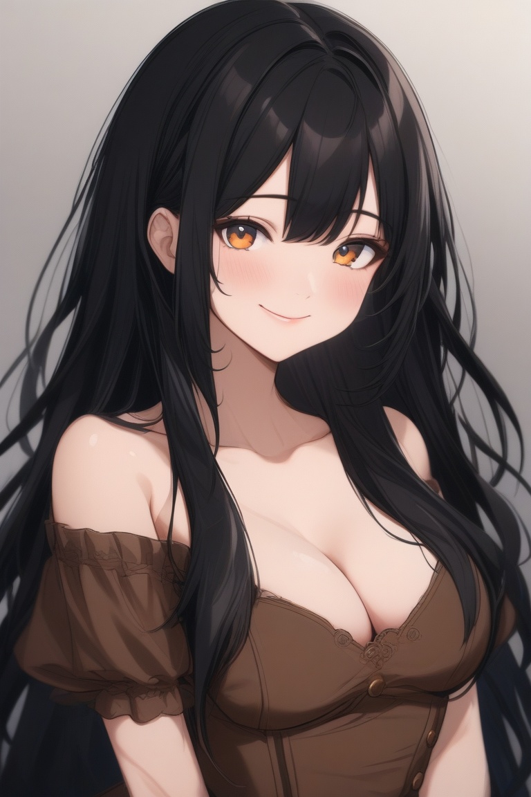 portrait,  a woman with long black hair and bangs. she wears a brown dress with corset. she is smiling. by REYA_012 on Ten...