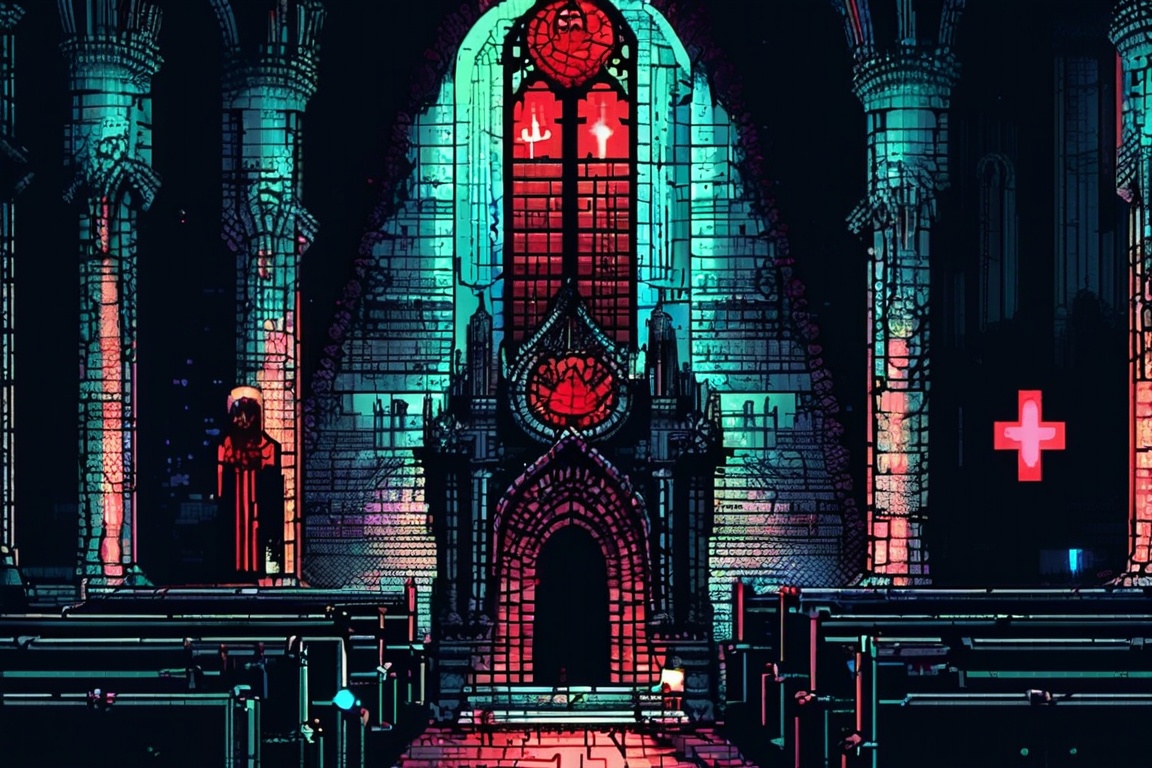 A pixel art scene of a cursed chapel. The stained glass windows are shattered,  and the pews are rotting. An eerie red glo...