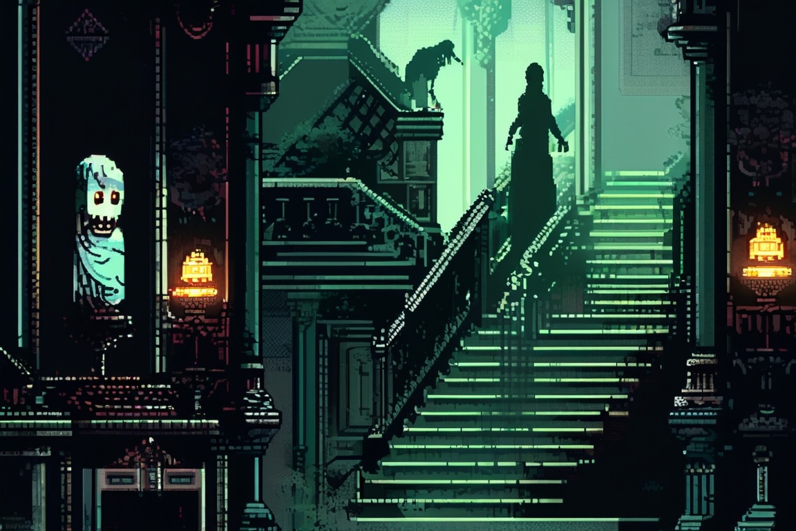A pixel art depiction of a haunted mansion. The grand staircase is covered in dust,  and portraits on the walls have eyes...