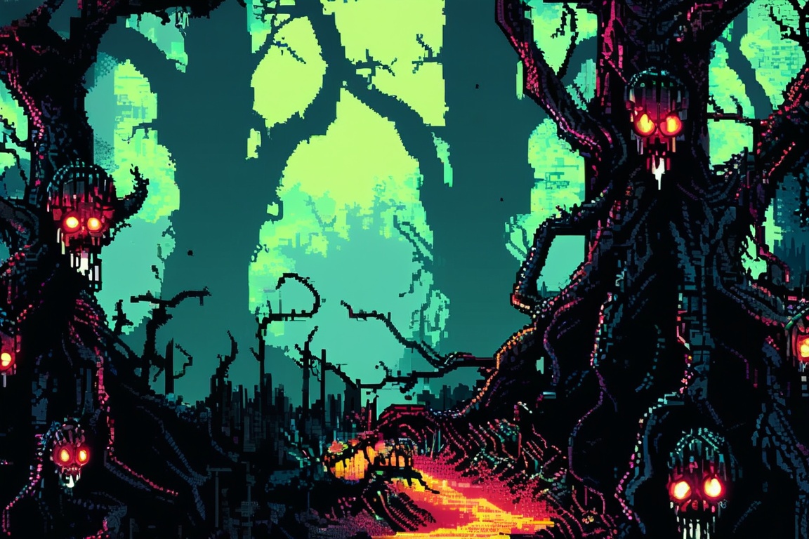 A pixel art image of a haunted forest. The trees are twisted and gnarled,  with faces appearing in the bark. A thick fog c...