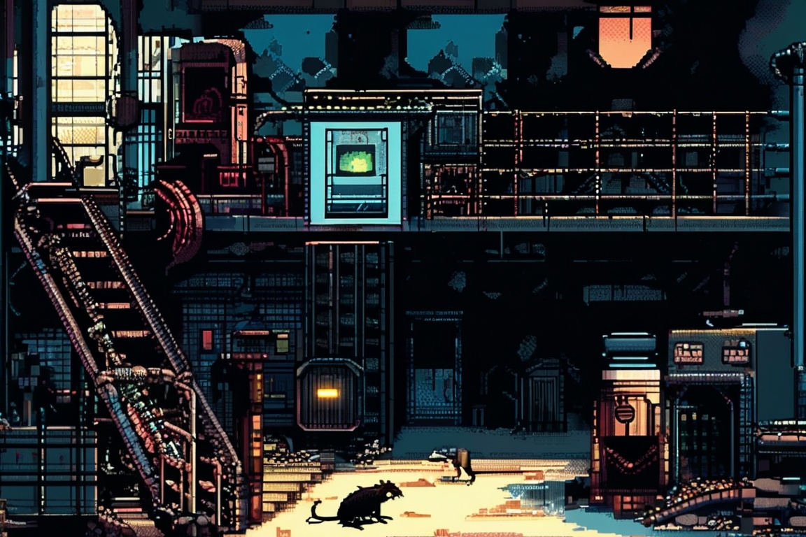 A pixel art scene of an abandoned factory. Rusty machinery and conveyor belts are covered in dust and cobwebs. Broken wind...