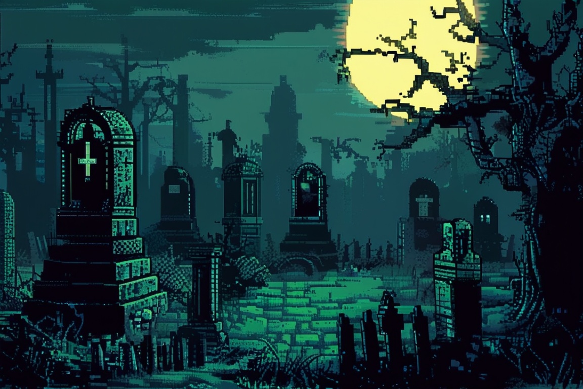 A pixel art depiction of a graveyard at midnight. Tombstones are scattered around with some cracked and leaning. Fog rolls...