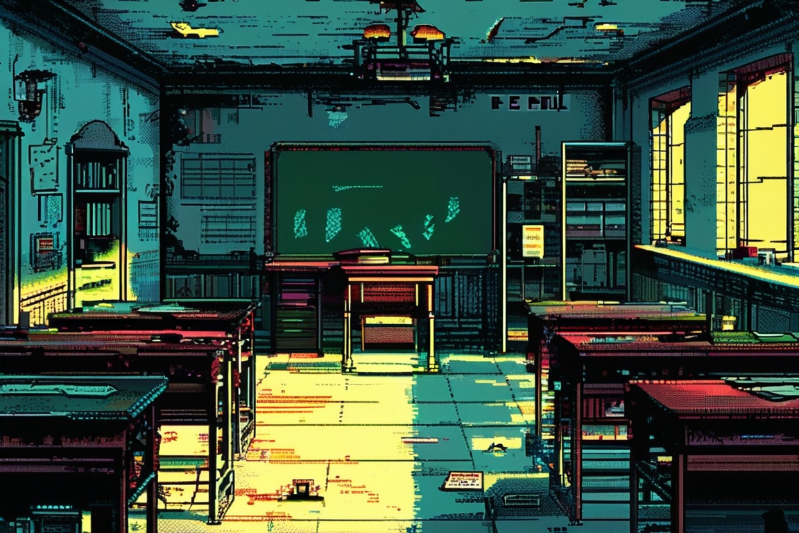A pixel art depiction of an abandoned school. Desks and chairs are overturned,  and the chalkboard has cryptic messages wr...