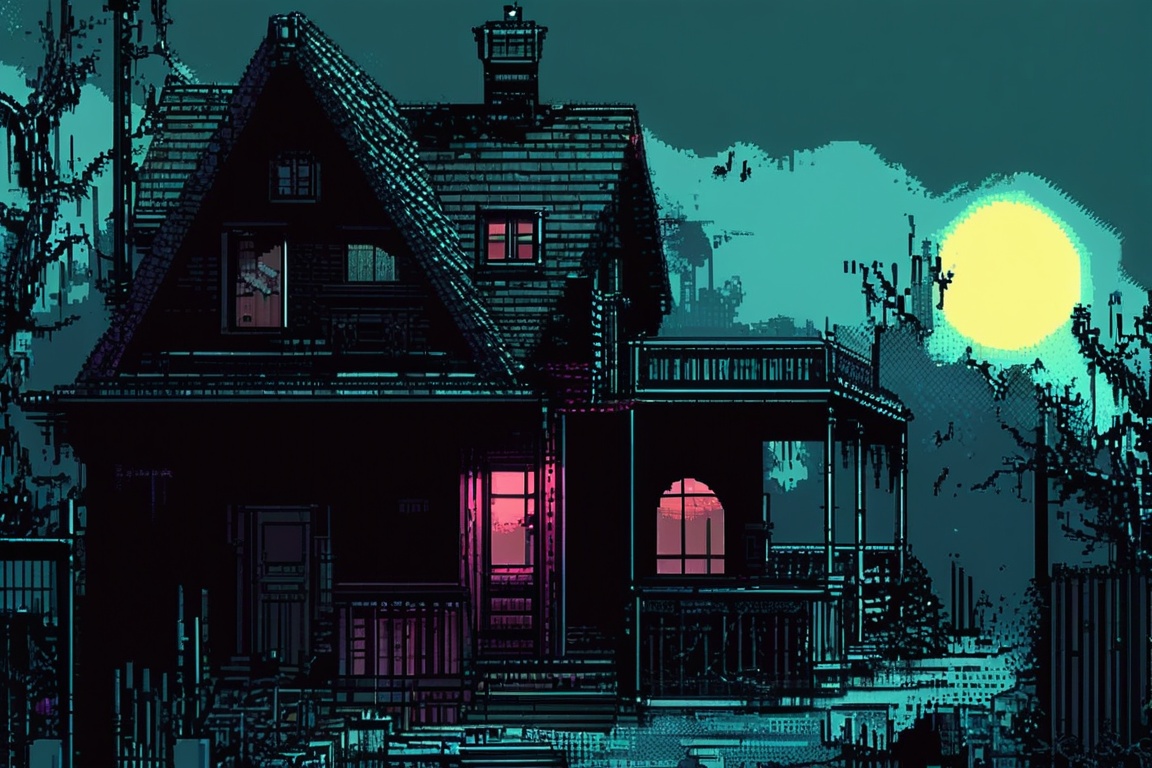 A pixel art scene of a dark,  abandoned house. The windows are broken,  and the door is slightly ajar. Cobwebs hang from t...