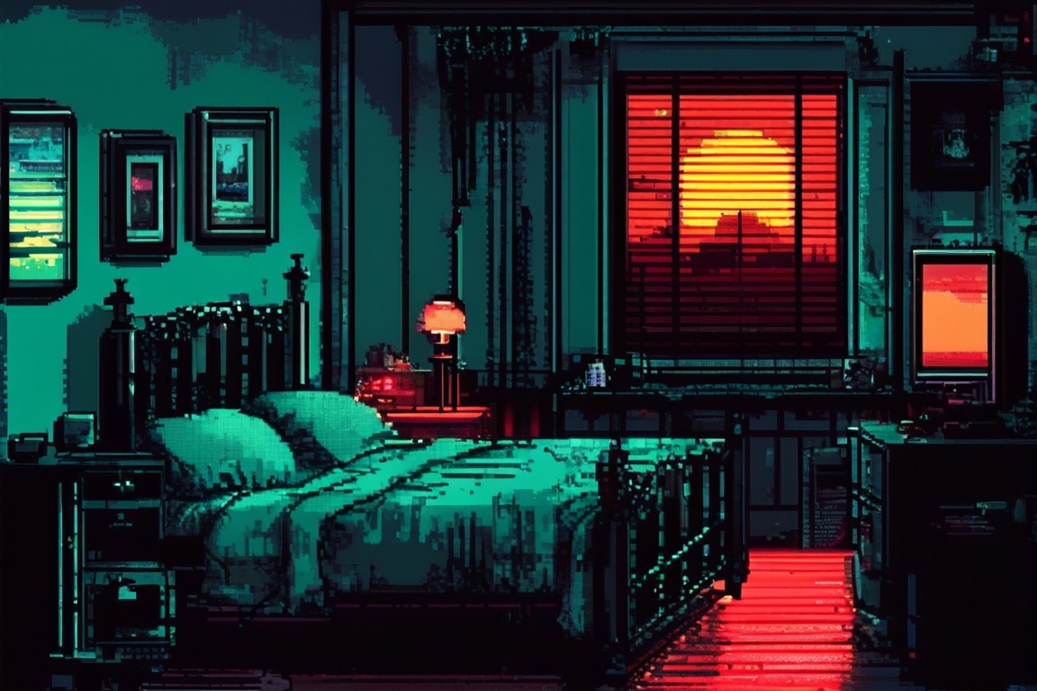 A pixel art image of a dark,  cozy bedroom. The room is dimly lit with a greenish-blue hue. The bed is neatly made with pi...