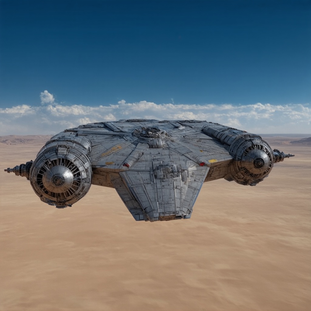 ((Ultra-realistic)) photo of an starship \(ek_raz0r_cre5t\),  razor crest \(star wars\),  landed and parked on a desert BR...