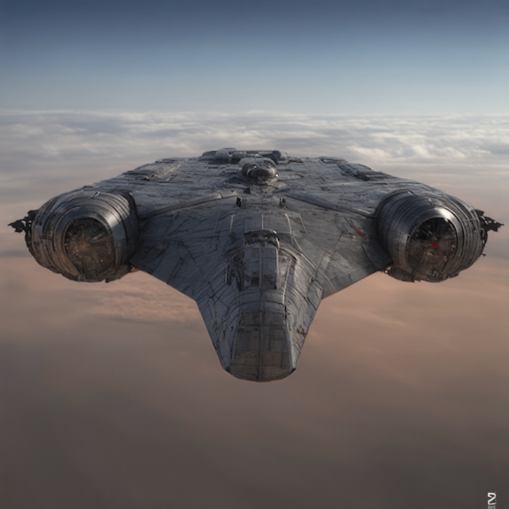 ((Ultra-realistic)) photo of an starship \(ek_raz0r_cre5t\),  flying in the sky of desert,  rear view on Tensor.Art