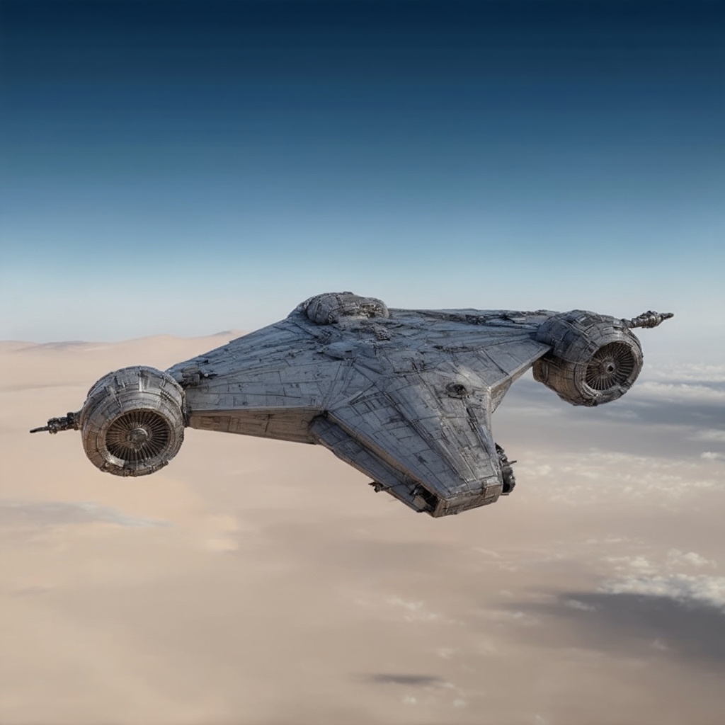 ((Ultra-realistic)) photo of an starship \(ek_raz0r_cre5t\),  razor crest \(star wars\),  flying in the sky of desert on T...
