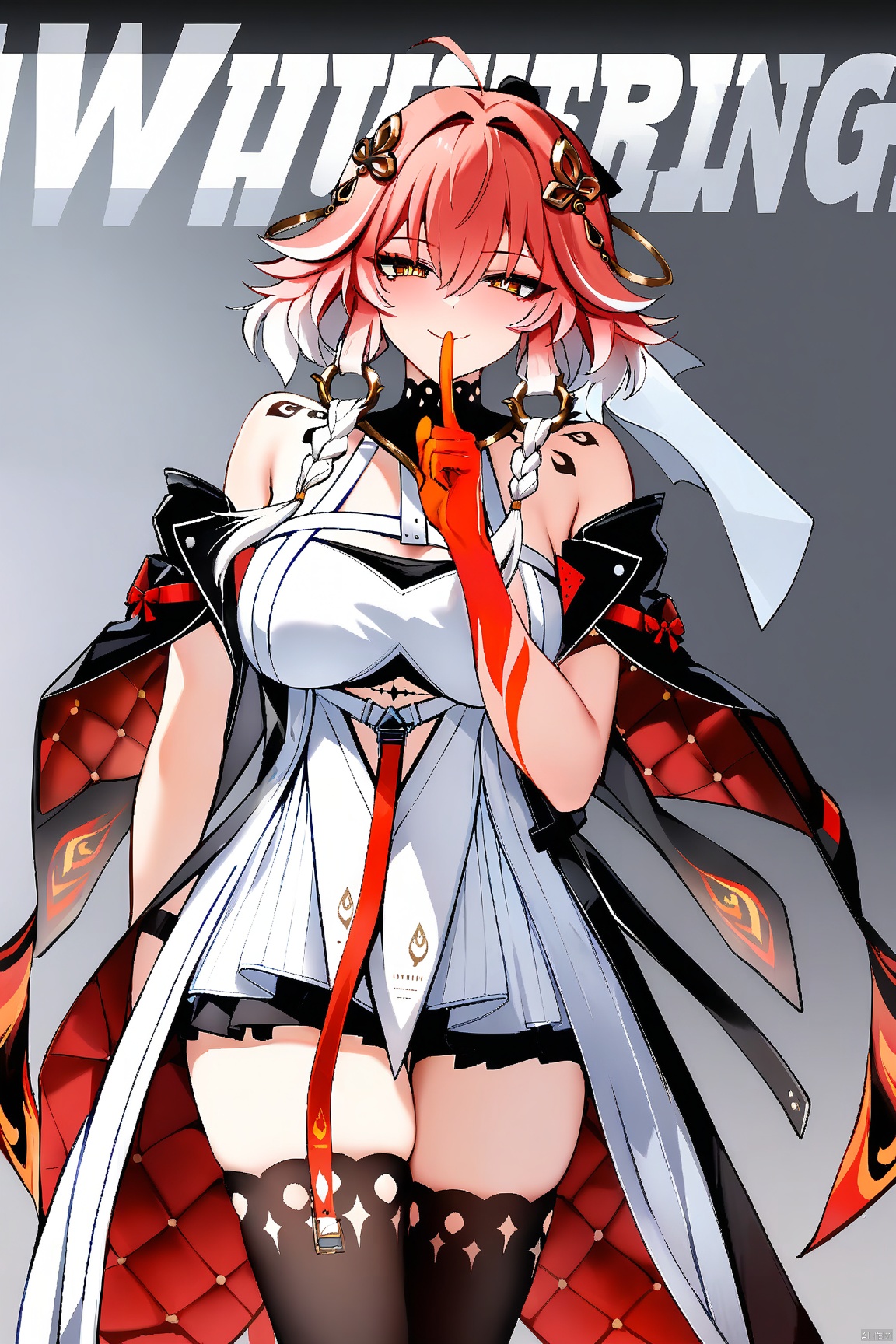 masterpiece, best quality,
1girl, changli_(wuthering_waves), solo, breasts, finger_to_mouth, english_text, white_dress, hair_ornament, bare_shoulders, character_name, copyright_name, thighhighs, shushing, gloves, smile, thigh_strap, twin_braids