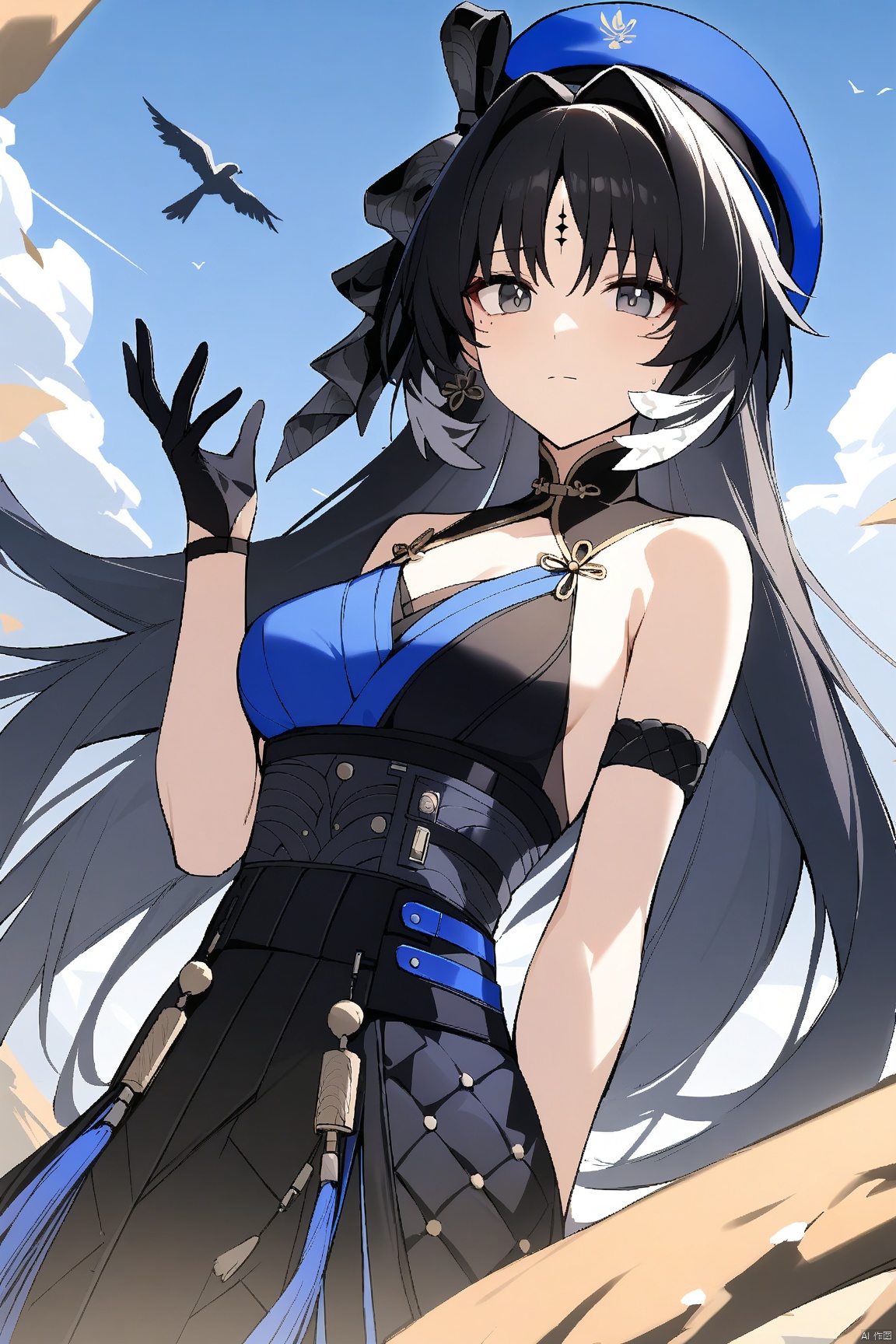 masterpiece, best quality,
1girl, yangyang_(wuthering_waves), solo, breasts, gloves, blue_headwear, black_gloves, hat, sky, closed_mouth, blue_sky, bare_shoulders, beret, sleeveless, hair_intakes, medium_breasts, facial_mark, arm_strap, dress, parted_bangs, bird, bow, upper_body, outdoors