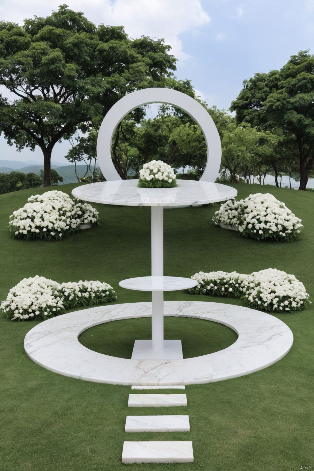 E-commerce booth, round marble stage, outdoors, no humans, scenery, flower, nature, grass, cloud, sky, tree, white flower, day