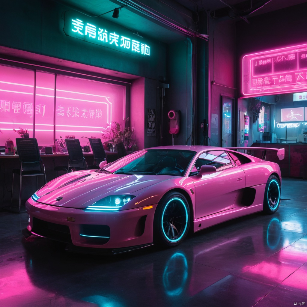ultra highres, masterpiece, best quality, , car, from side, , cyberpunk, neon lights, pink theme, indoors, transparent, HUBG_Chinese_Jade