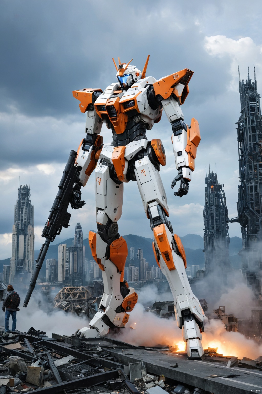 (masterpiece, best quality:1.2), Giant mecha, Vital Suits , building, city, city lights, cityscape, cloud, cloudy sky, destruction, evening, glowing, Luminous mecha, Complex mecha structure, White, orange, and black mecha, Strong mecha body, Multi light source mecha, Giant mecha firearms, full body, Super complex mechanical structure, holding gun, mecha, mountain, no humans, outdoors, power armor, realistic, ruins, science fiction, sky, skyline, skyscraper, smoke, weapon,