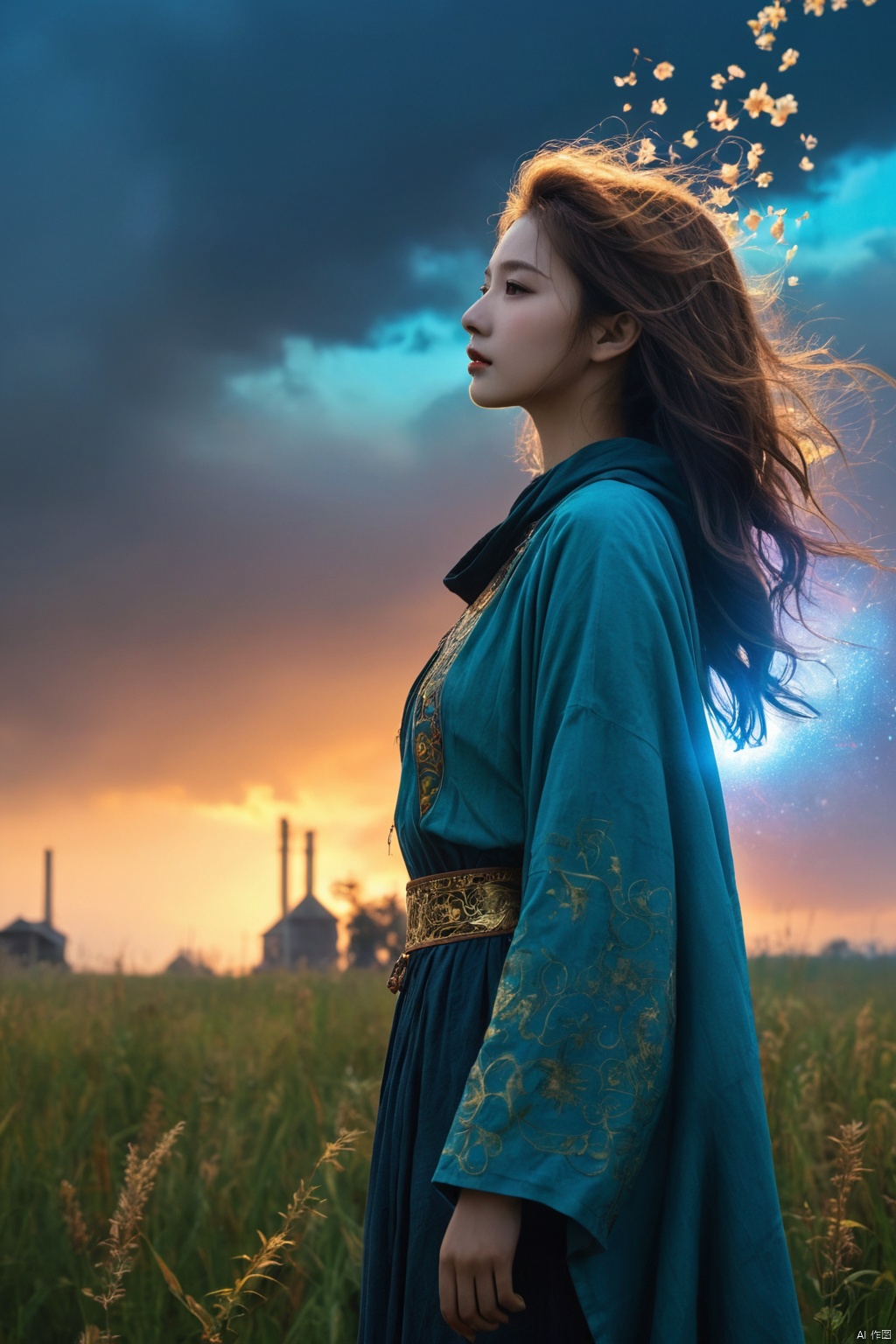 1girl, (from side), (silhouette:1.2), profile, big hair, masterpiece, best quality, light particle, depth of field, field, scenery, fantasy, indigo light, (far away:1.1), cute girl, midriff, tribal sash, pastel colors, chromatic aberration, glow in the dark dark, cloudy sky, space, orange aura, aura, cinematic, dark atmosphere, night , dark hole, glowing eyes, teal light, illumination, light rays, eye in the sky, (grass:0.9), falling petals, oniric portrait of a tall cloaked figure with a white mask, Azem the Traveler, yearning to explore the ends of the world to discover its wonders and help its denizens, by Andy Kehoe, a gradient masterpiece, blue cyan yellow, Rococopunk, luminism, seamless, China ink, Ink Bubbles, Gold leaf lines, alcohol ink elements, curved lines, cinematic, realism, chiaroscuro, Shadow play, Gold leaf small lines, bright splashes of alcohol ink puddles, volumetric light, auras, rays of sunlight, bright colors reflect, isometric, digital art, smog, pollution, toxic waste, chimneys and railroads, 3d render, octane render, volumetrics, by greg rutkowski, anime style