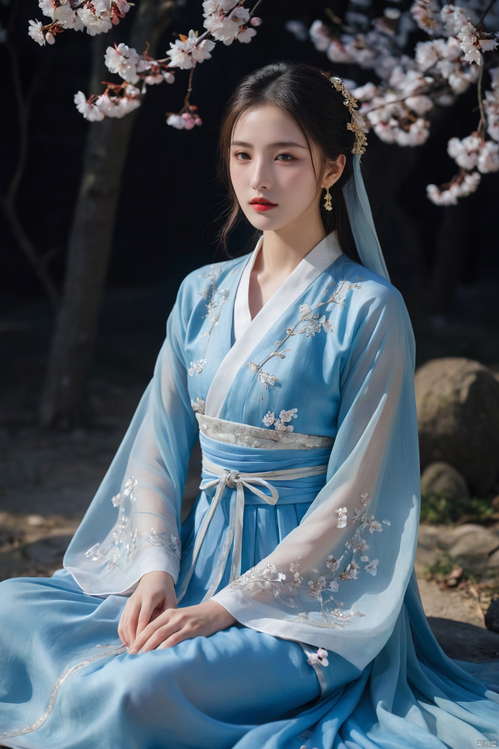 (ultra realistic,best quality),photorealistic,Extremely Realistic, in depth, cinematic light,hubggirl,a woman in a blue period dress sitting on the ground,traditional attire,hanfu,cherry blossoms,serene expression,seated pose,ethereal lighting,black background,flowing fabric,reflective surface,high contrast,gentle gaze,soft makeup,pastel colors,blurred petals falling,cultural,fantasy ambiance,elegance,grace,historical costume,fabric draping,photoshoot,artistic composition,side lighting,blue gradient dress,tranquil atmosphere,delicate accessories,hair ornaments.,dynamic poses, particle effects,perfect hands, perfect lighting, vibrant colors, surreal dramatic lighting shadow (lofi, analog), intricate details, high detailed skin,intricate background, realism, realistic, raw, analog, taken by Canon EOS,SIGMA Art Lens 35mm F1.4,ISO 200 Shutter Speed 2000,Vivid picture,