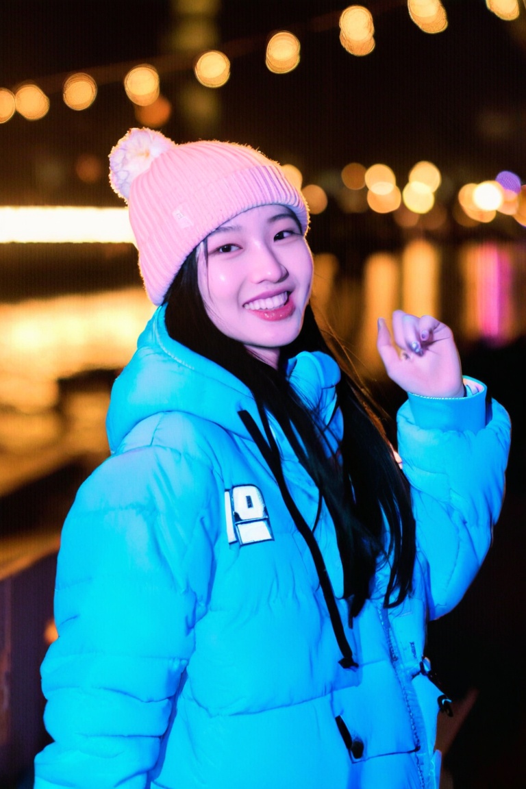 photo r3al 1girl solo looking at viewer smile open mouth short hair black hair long sleeves 1boy hat jacket upper body male focus outdoors hood mole blurry scarf black eyes coat blurry background night depth of field mole under mouth snow zipper freckles snowing realistic beanie winter clothes winter blue coat winter coat pink scarf asian
