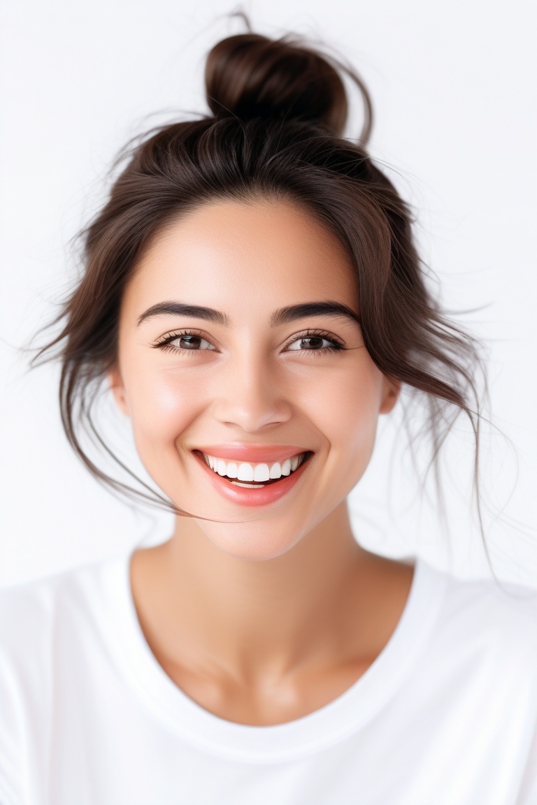 (best quality, 4k, 8k, highres, masterpiece), ultra-detailed, a woman wearing a white t - shirt with her hair in a messy bun and a smile on her face, woman, looking at viewer, smile, open mouth, simple background, shirt, black hair, white background, brown eyes, white shirt, teeth, portrait, realistic, photorealistic,photo r3al
